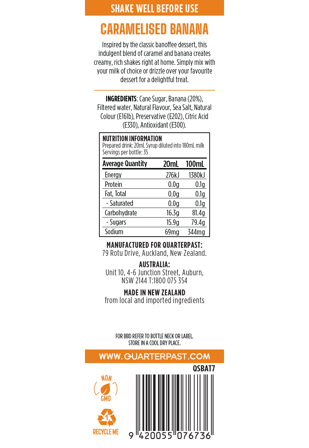 Caramelised Banana Shakes and Smoothies Syrup 700mL