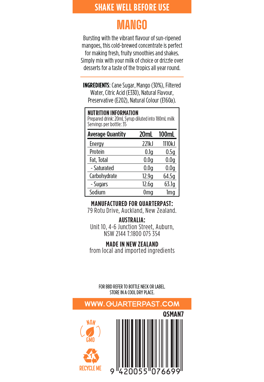 Mango Shakes & Smoothies Syrup 700mL